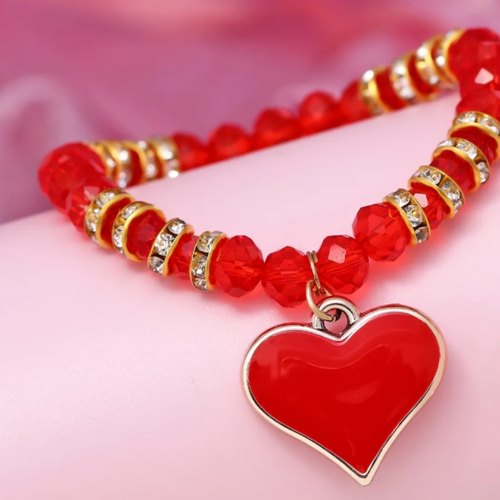 Red Heart Pendant Beaded Bracelet